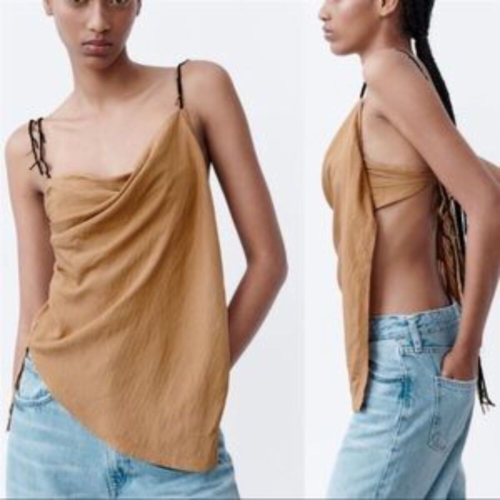 ZARA Asymmetric Handkerchief Beaded Blouse‎ Tan Small